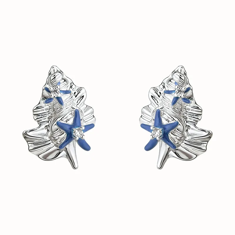 Seashell Stud Earrings Silver Tone Enamel Starfish Rhinestone Ocean Theme Trendy Women Daily Fashion Jewelry Accessories
