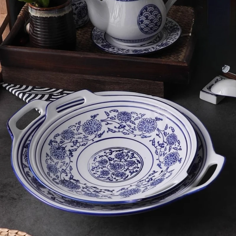 

Blue & White Porcelain Serving Platter Double Handled Ceramic Deep Dish Vintage Dinner Plate for Fish & Meat Elegant Serving