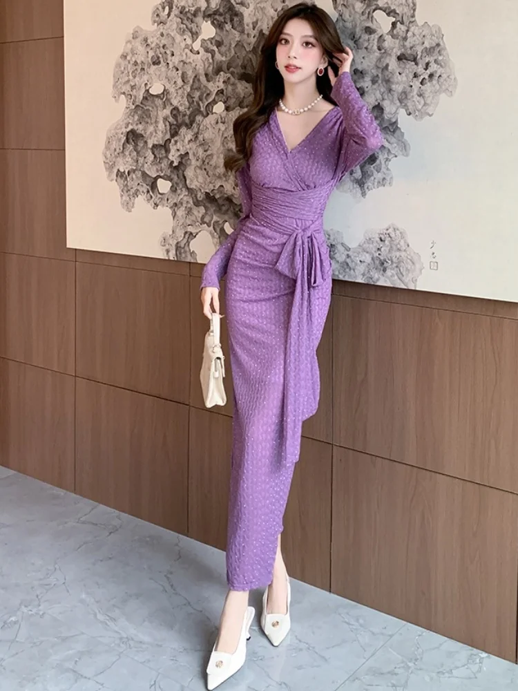 SMTHMA New Autumn Winter Women Black/Purple Rhinestone Bodycon Midi Dress Vintage V-Neck Long Sleeve Dresses Vestidos