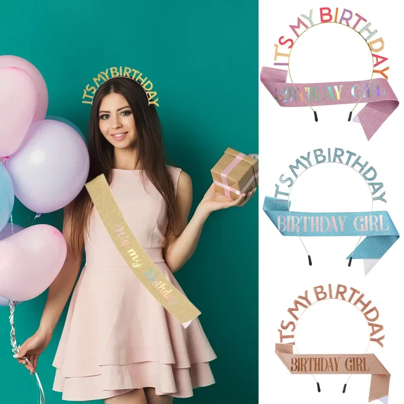 IT'S MY BIRTHDAY Crown Shoulder Strap Ceremony Belt Flash Belt Set Party Headdress Crown Belt Hair Accessories Girls Women Bands