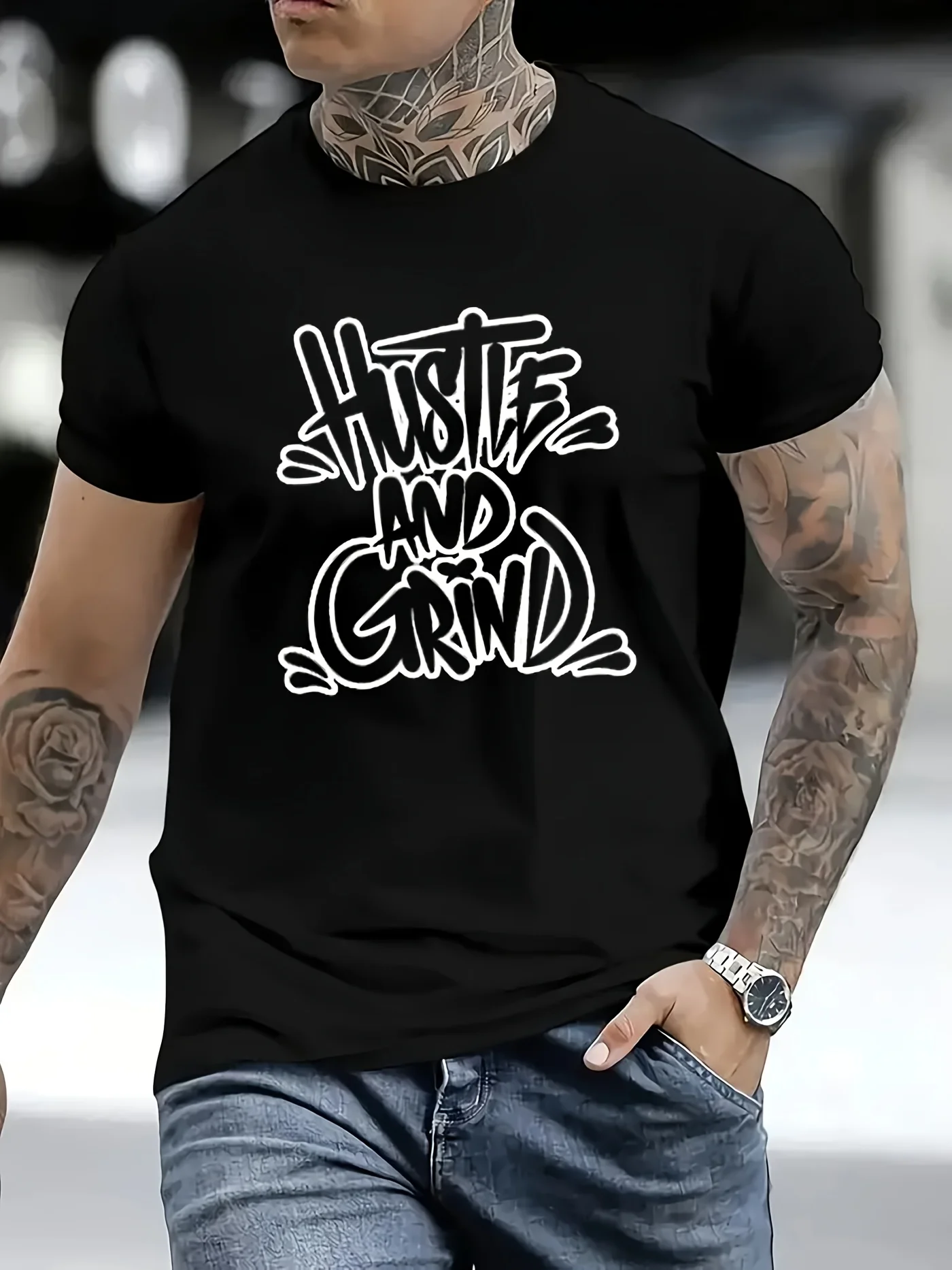 Men's American street graffiti-style short-sleeve T-shirt with 