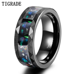 Tigrade 8mm Men's Black Tungsten Wedding Rings For Men Opal and Metal Slag inlay Hammered Edge Engagement Promise Ring Jewelry