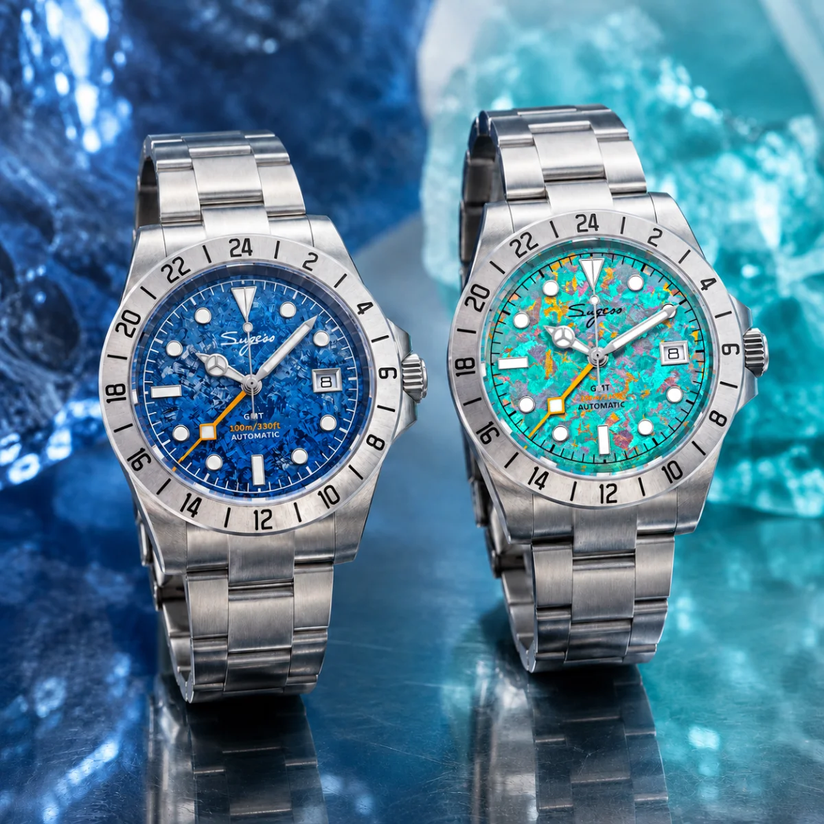 Sugess GMT Watch of Men Automatic Peacock SL3032 Mechanical Wristwatches Sapphire Crystal 100M Waterproof Titanium Dials S463-2