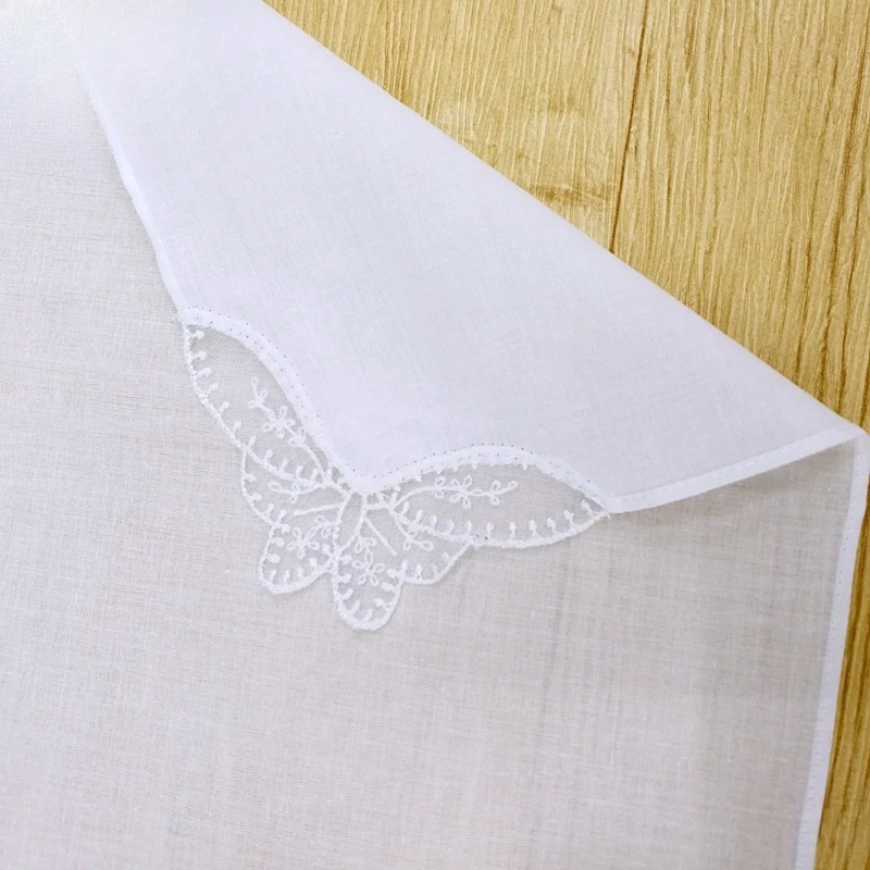 12 ชิ้น 28 ซม. ผ้าฝ้ายแท้ ผ้าเช็ดหน้าลูกไม้สีขาวบริสุทธิ์