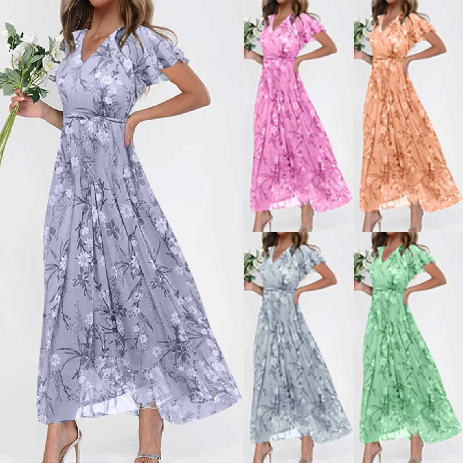 Vestidos Women'S Summer New Dress Casual High Waist Swing Dress Loose V-Neck Flowy Ruffle Short Sleeve Graceful Sundress