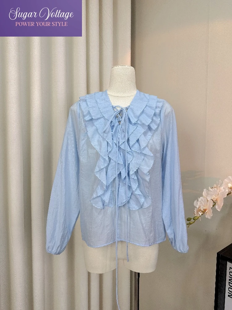 

French Elegant Chic Ruffled Neck Casual Loose Ladies Tops Women Lace-Up e Long Sleeve Office Work T-Shirt Pretty Fashion Blous