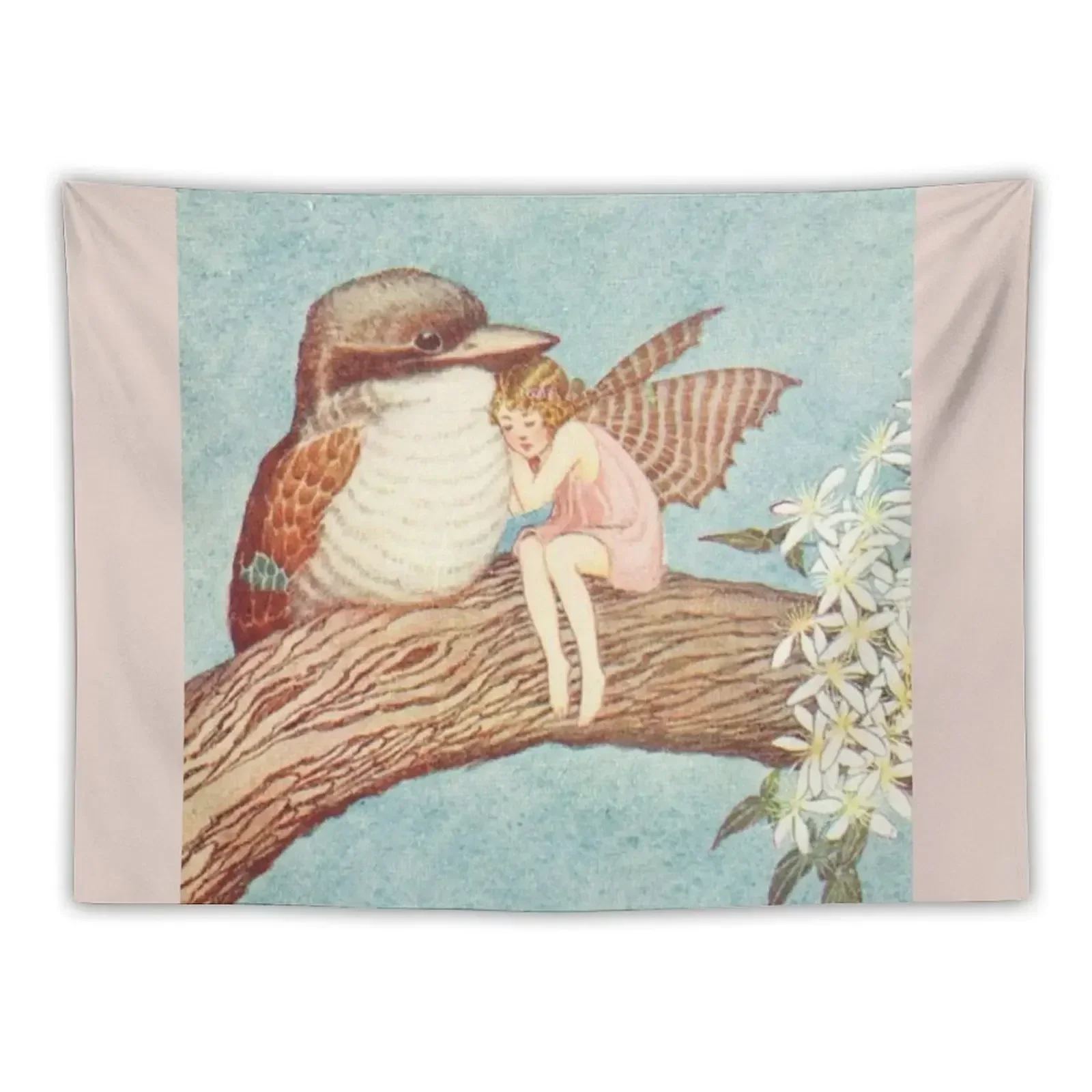 Ida Rentoul Outhwaite Vintage Fairy Cuddled Up Against Baby Kookaburra illustration Tapestry Funny Tapestry