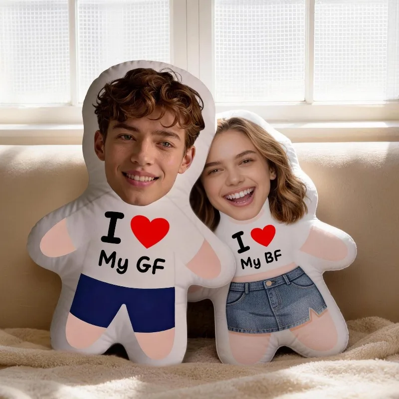 2pcs Custom Face Plush Couple Pillow, Personalized Photo Cushion with I Love You Text, Soft Mini Me Body Pillow, Romantic  Toy