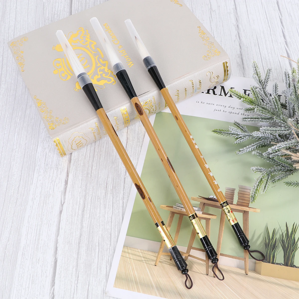 

3Pcs Calligraphy Water Pen Chinese Writing Hair Drawing Tools Wooden Handle Beginner Set Art Supplies