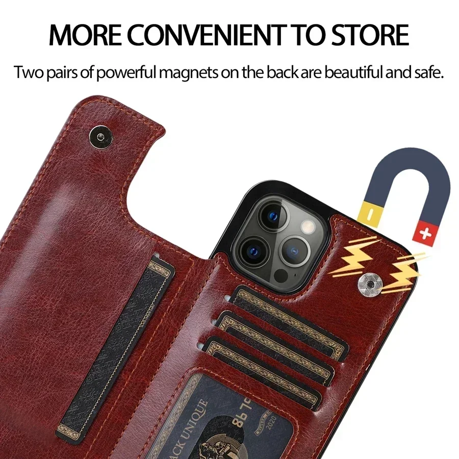 Wallet Double Button With Card Slot Stand Flip Leather Case For iPhone 16 Pro Max 15 Plus 14 13 Mini 12 11 SE3 SE2 X XS XR 8 7