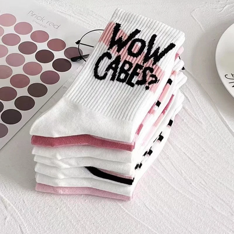 Autumn Winter Pink Sweet Love Letters Cotton Casual Middle Tube Socks Versatile Socks Trendy Long Socks