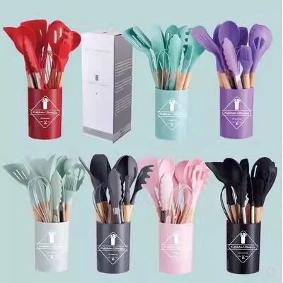 

12-Pieces Newest Eco-Friendly Silicone Kitchen Cooking Utensils Set with Wooden Handle and Cutting Board Storage Bucket