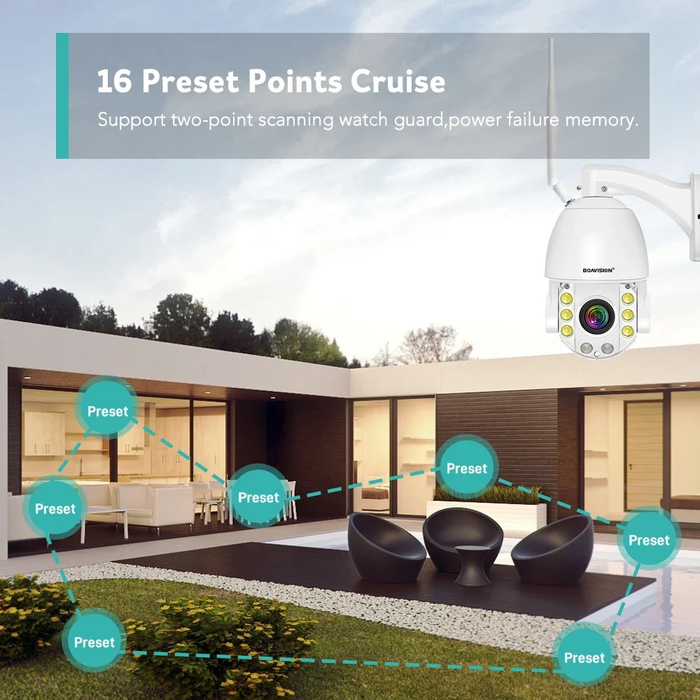 BOAVISION 4K 8MP 5MP Metal fuerte WIFI POE 4G cámara de seguridad 30X ZOOM 120M IR Audio PTZ cámara de vigilancia con detección de movimiento