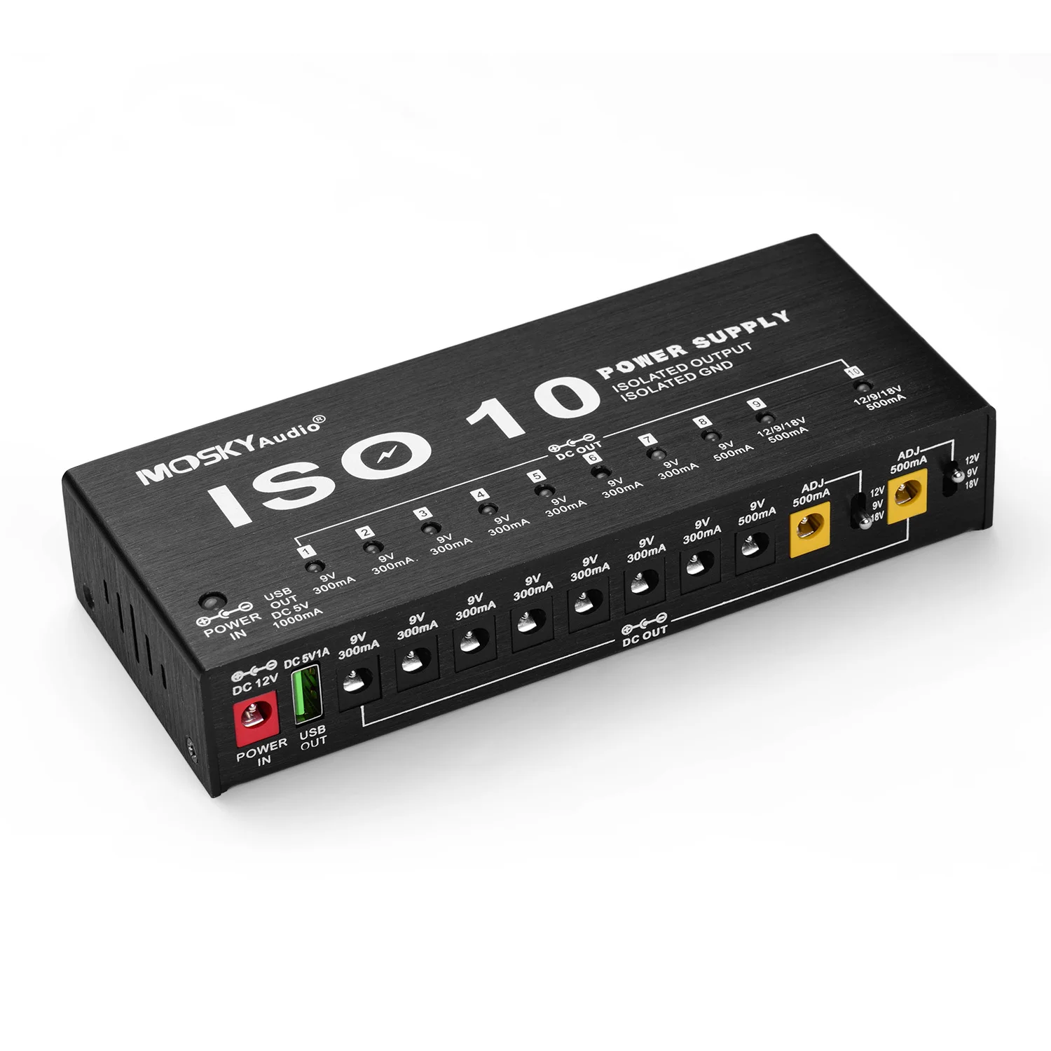 ISO-10 Portable Guitar Effect Power Supply Station 10 Isolated DC Outputs & One 5V USB Output for Guitar Effects