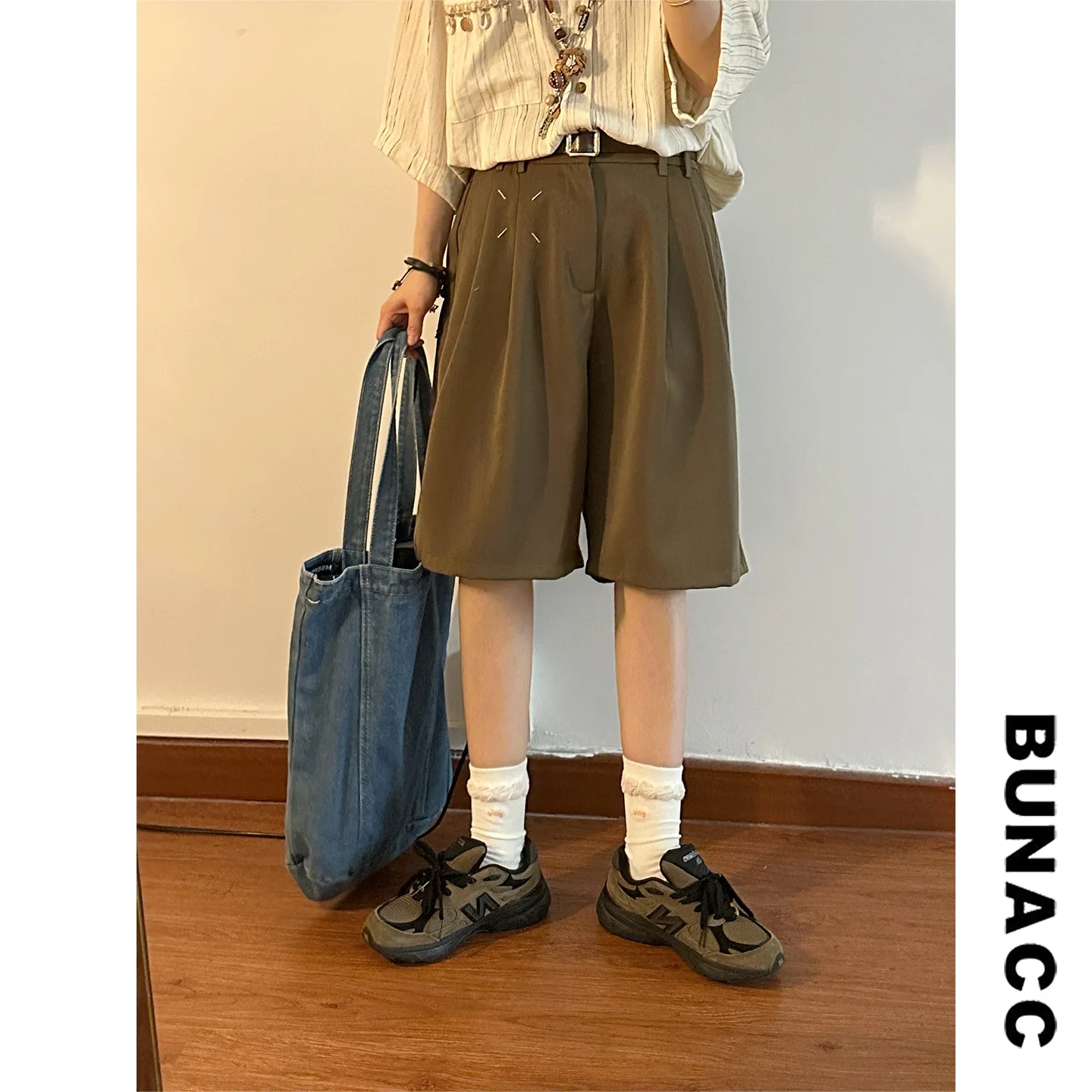 

American Retro Hong Kong Style Suit Pants Women's Loose Drapey Casual Five-Button Shorts High Waist Cotton Commute Wear