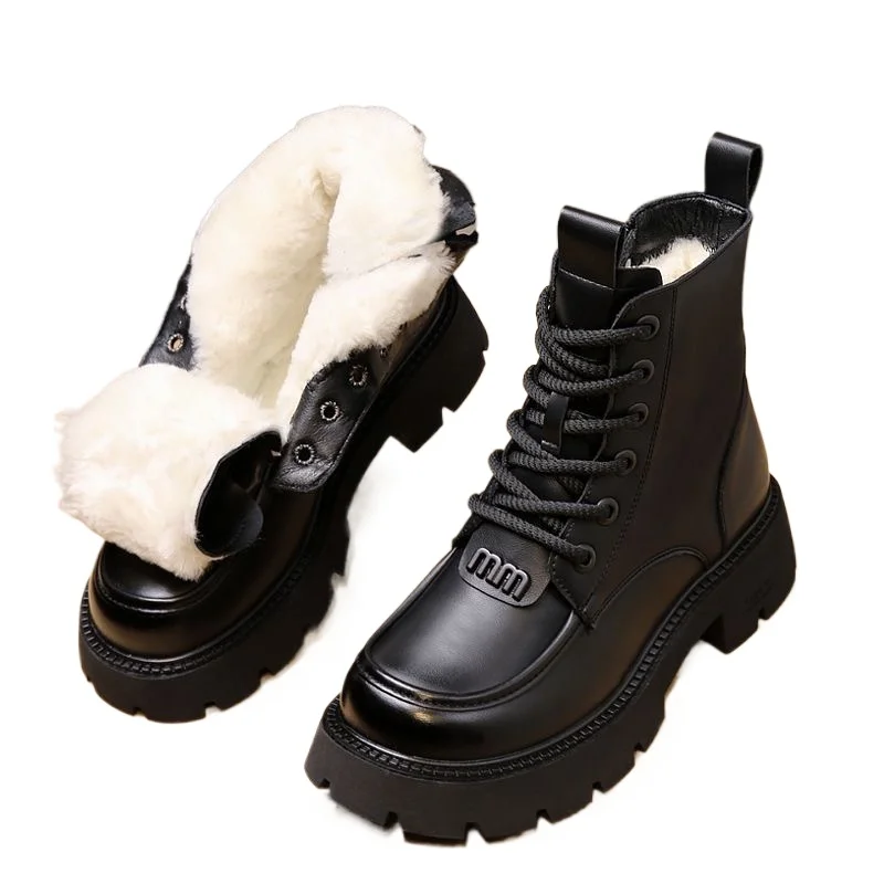 Chaussures d'hiver pour femmes, bottes à talons épais et bout rond, en cuir véritable, en laine chaude, bottes de neige à plateforme avec fermeture éclair