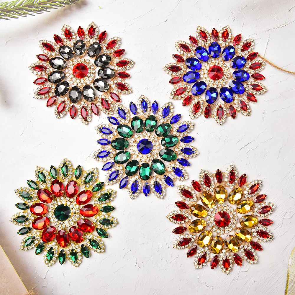 Large Rhinestone Applique Sewing Crystal Glass Decoration Round Flower Patches Brooch Diy Evening Dress Wedding Clothes For Bags