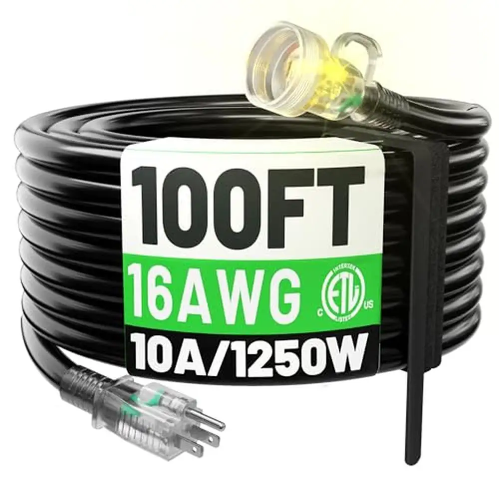 100FT Waterproof Black Outdoor Extension Cord 16 Gauge 3 Prong Cold Weatherproof -58℉ Heavy Duty Flexible 10 AMP IP65 Rated Safe