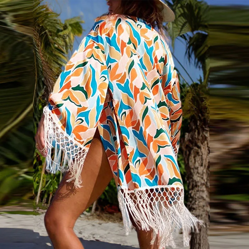 Holiday Boho Net Tassel Sunscreen Clothing Two Piece Suit Casual Fashion Loose Top+Pants Outfits Women New Print Beach Cover Set