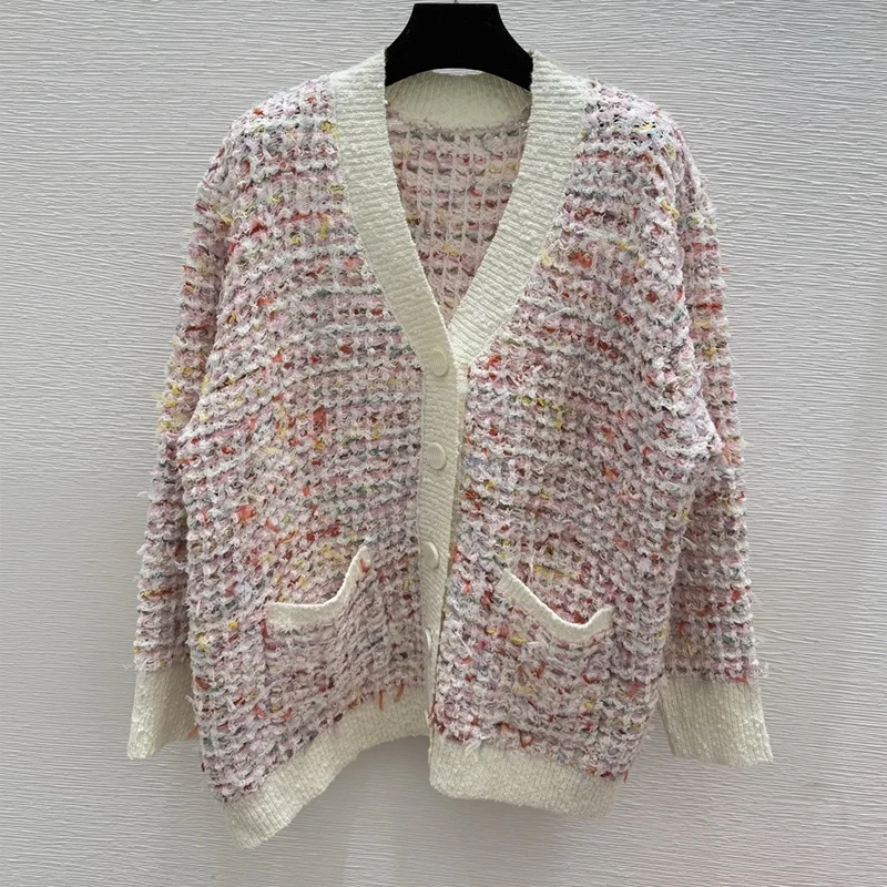 

High-quality colorful tweed v-neck knitted women's cardigan loose comfortable sweater Soft and versatile style 251004142