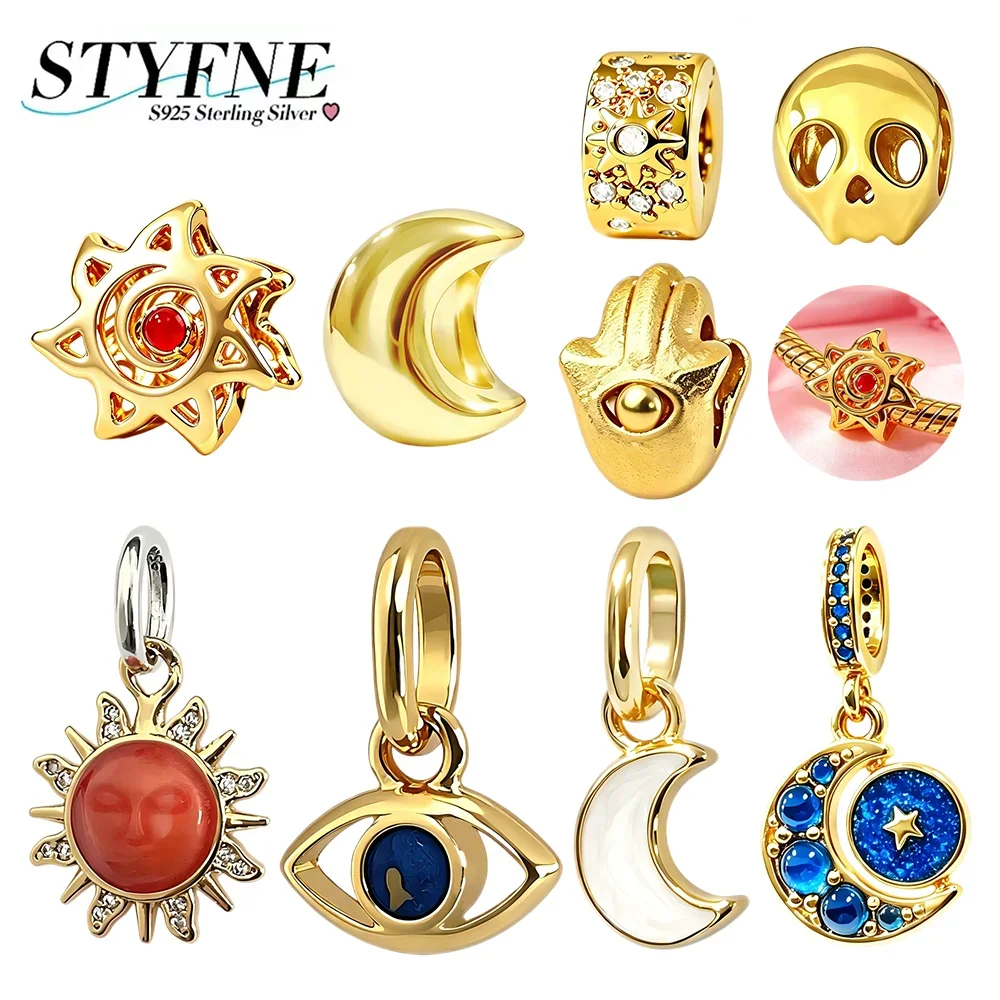 925 Silber Vergoldete Sonne Mond Böser Blick Totenkopf Charms Perlen Passend für DIY Armband Tasche Schlüsselanhänger Anhänger Schmuck für Frauen Geschenk