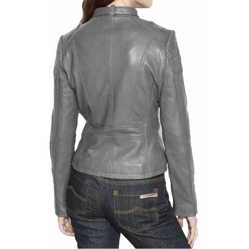 Women's Lambskin Real Leather Stylish Jacket Biker Motorcycle Slim Fit Gray Coat