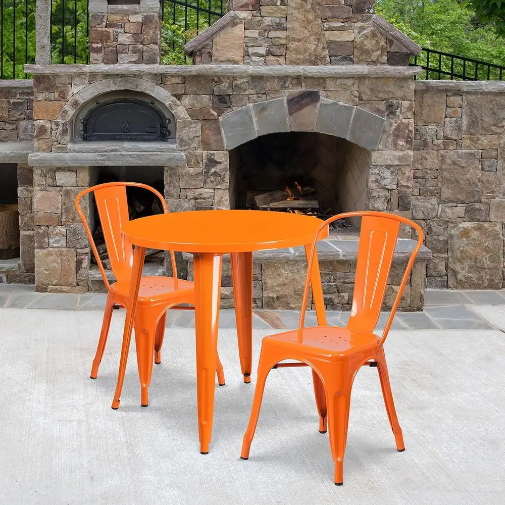 

30 Round Orange Metal Table Set with 2 Chairs for Indoor and Outdoor Use