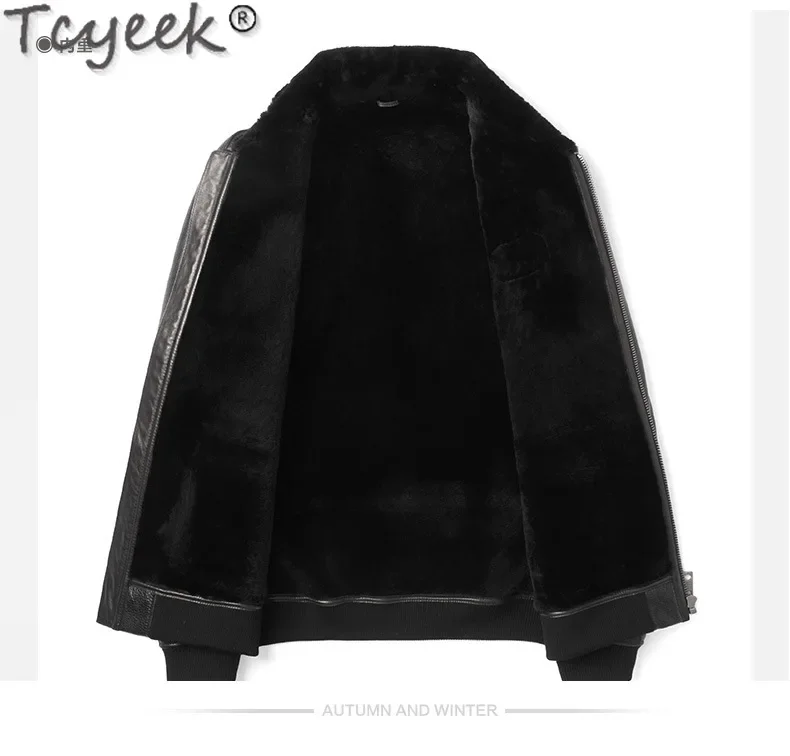 Tcyeek ของแท้หนังแจ็คเก็ต WARM ขนสัตว์ธรรมชาติ Sheepskin Mens เสื้อฤดูหนาวเสื้อผ้ารถจักรยานยนต์แจ็คเก็ต SLIM FIT