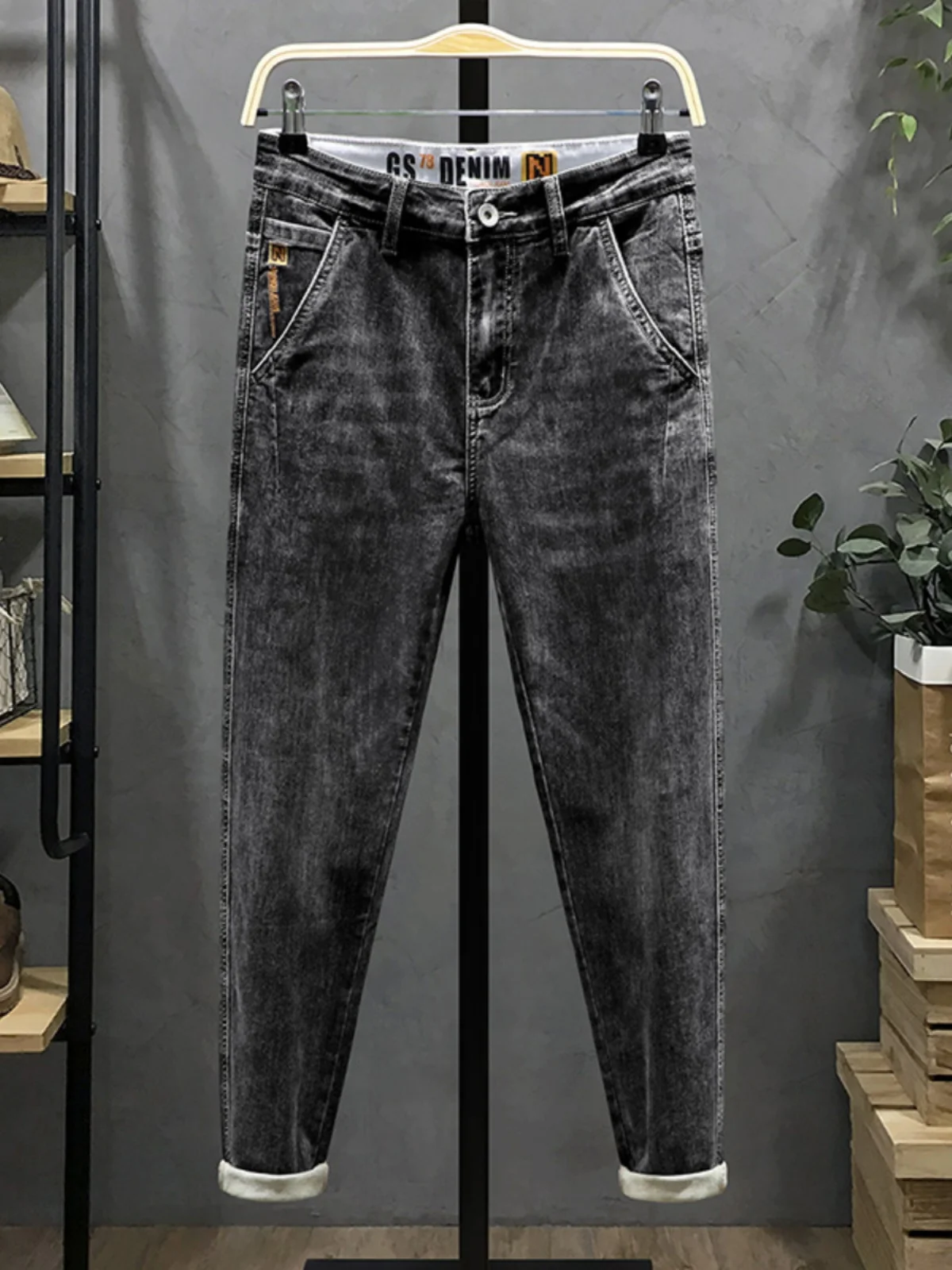 

Slim Fit Men's Jeans Casual Elastic Side ket Trendy Micro Cone Long Pants Spring Autumn Middle Waist Denim Youth ular