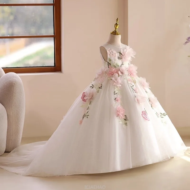 Long Dress French Style Floral Girls Host Dresses Costume Children Pageant Piano Outfit Birthday Wedding Flower Gown Clothes