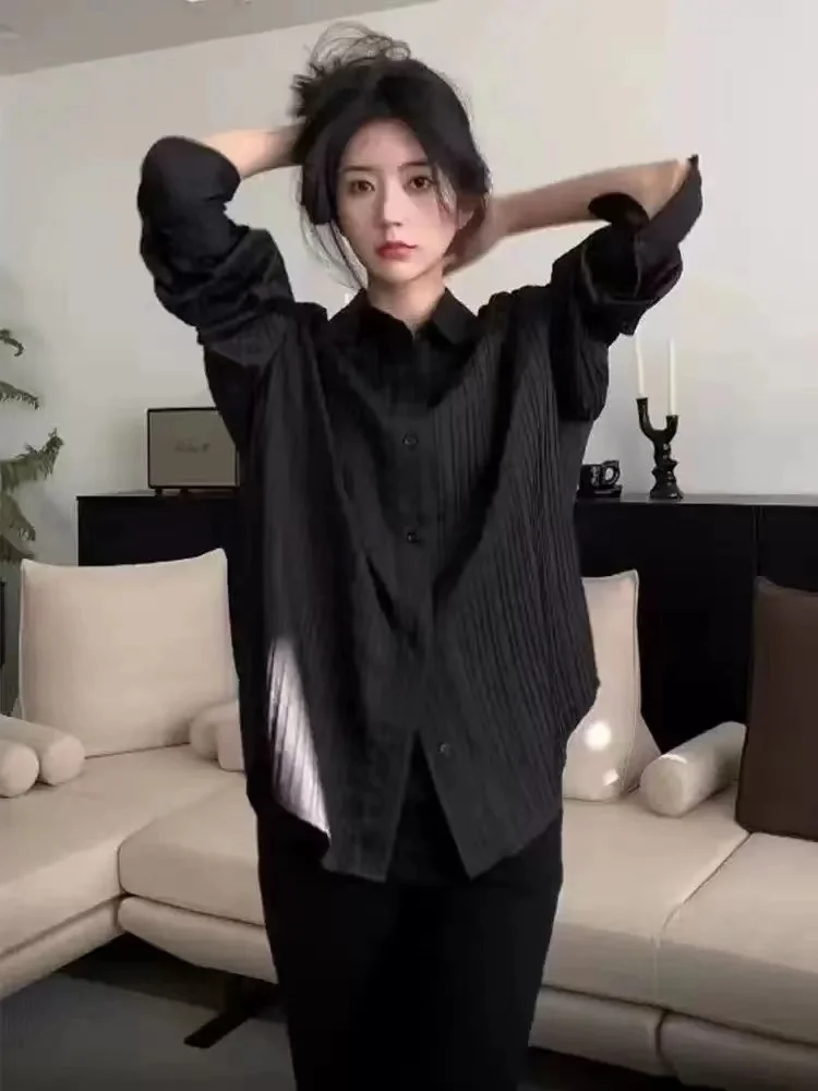 

Women's Long Sve Embroidered Striped irt Loose Fit Casual Sle Spring 2023 Korean Version Collar Button Detail