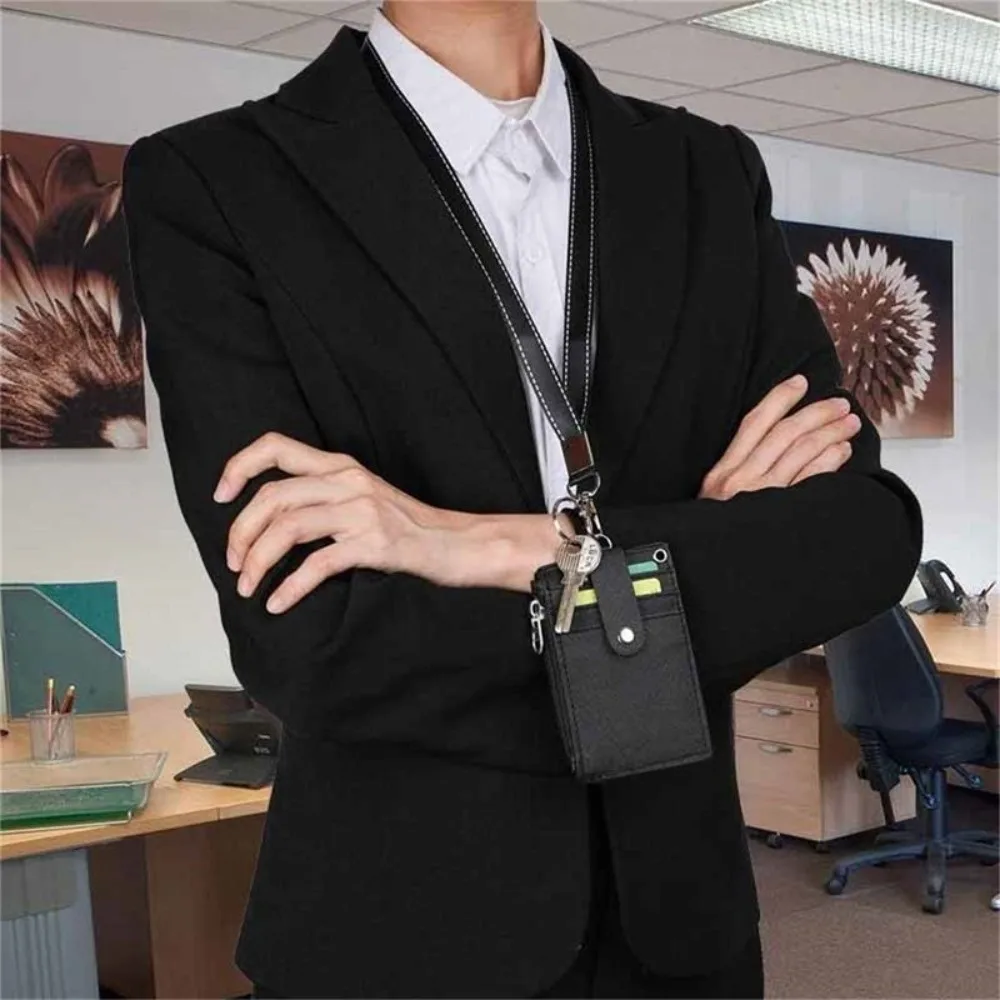 5 Card Slot Design Coin Purse Wallet Zipper Pocket with Lanyards Neck Strap ID Card Holder Multi-compartment PU Leather