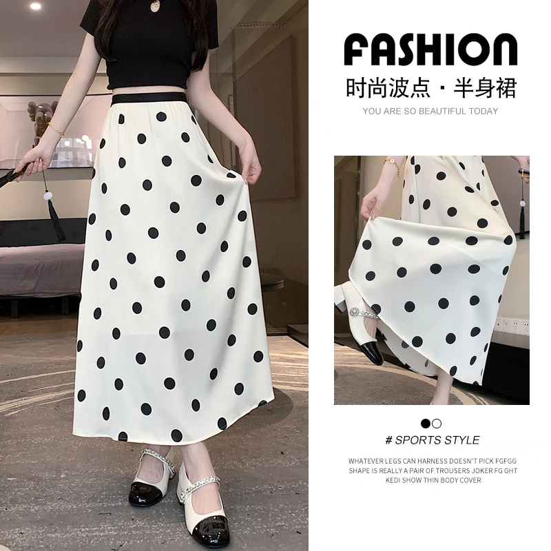 

High Waisted A-Line Skirt, Versatile Half Skirt, Breathable Long Skirt, Polka Dot, Casual Fashion, Summer, New, 2024