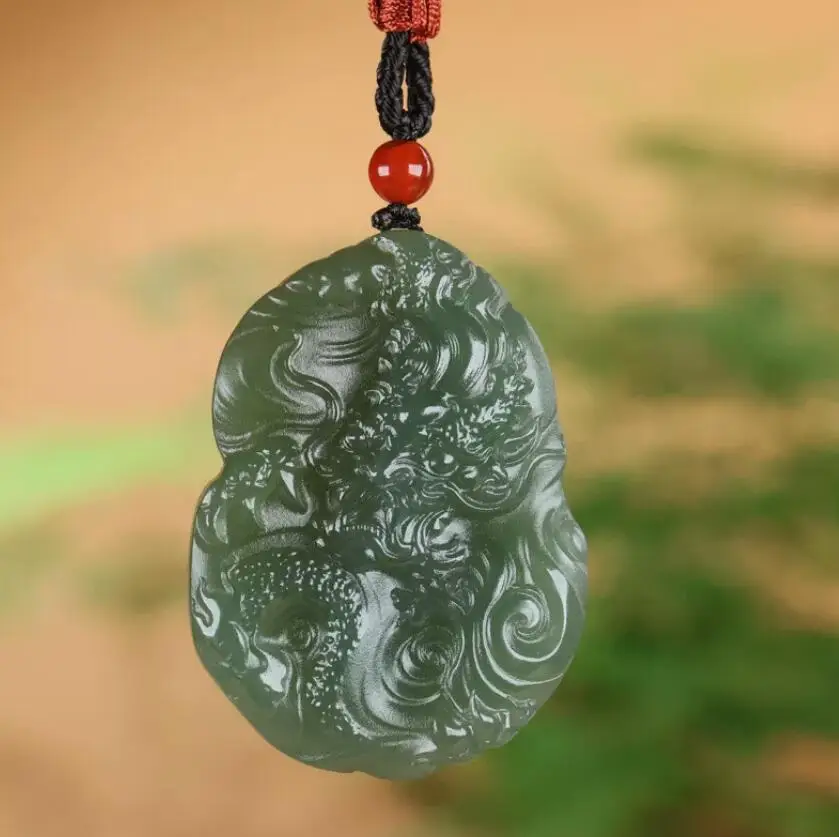 Chinese Natural Grade A Icy Green HeTian Jade jadeite Hand-Carved pendant Dragon