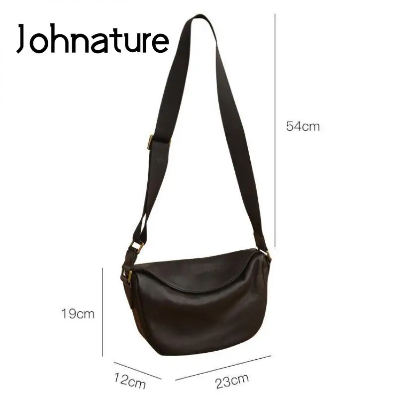 Johnature Simple Solid Color Hobos Genuine Leather Women Bag 2024 New Natural Soft Real Cowhide Casual Shoulder & Crossbody Bags