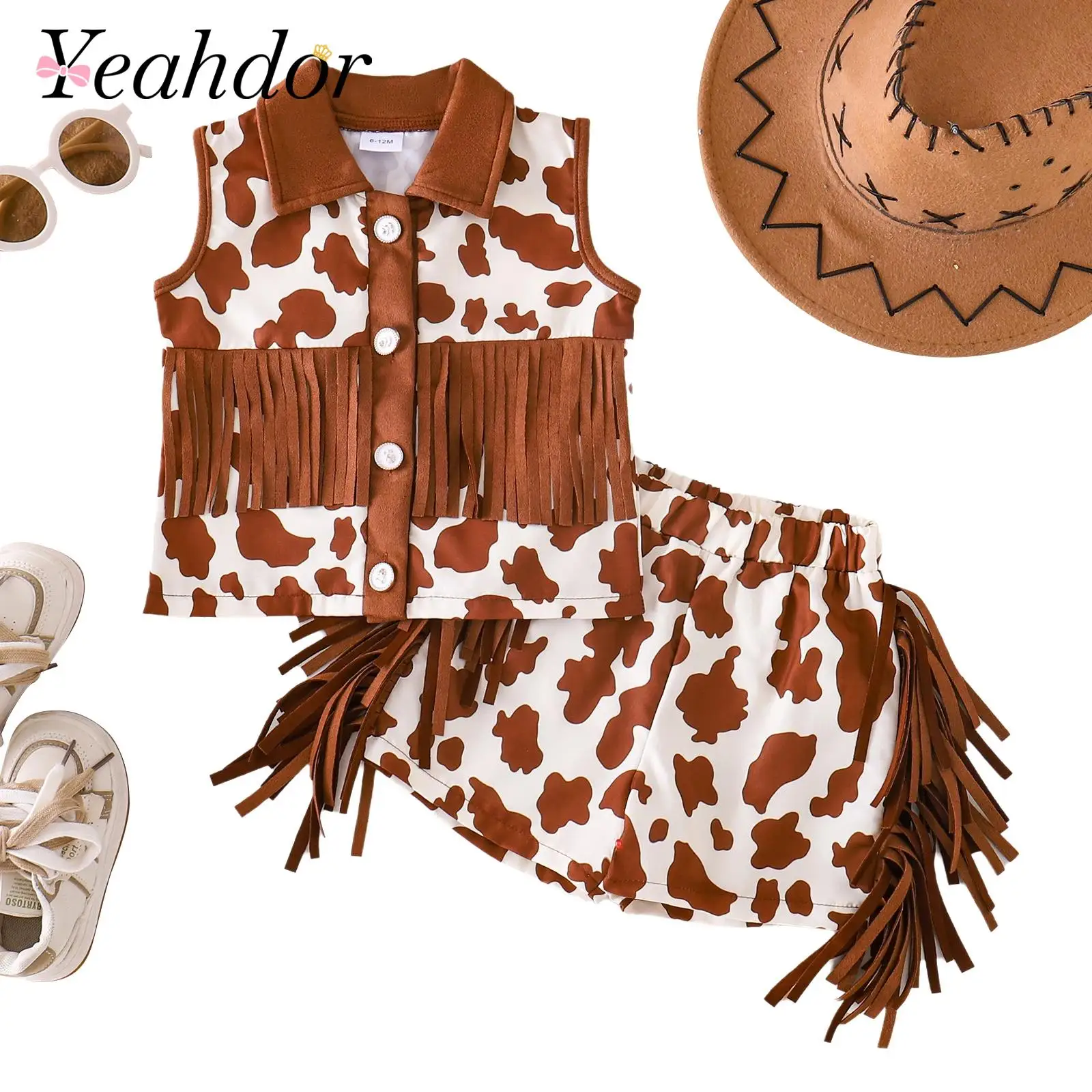 

Костюм ковбойки для маленьких девочек, комплект из двух предметов, детские костюмы в стиле вестерн, жилет без рукавов с коровьим принтом, шорты с бахромой, наряд в стиле хиппи