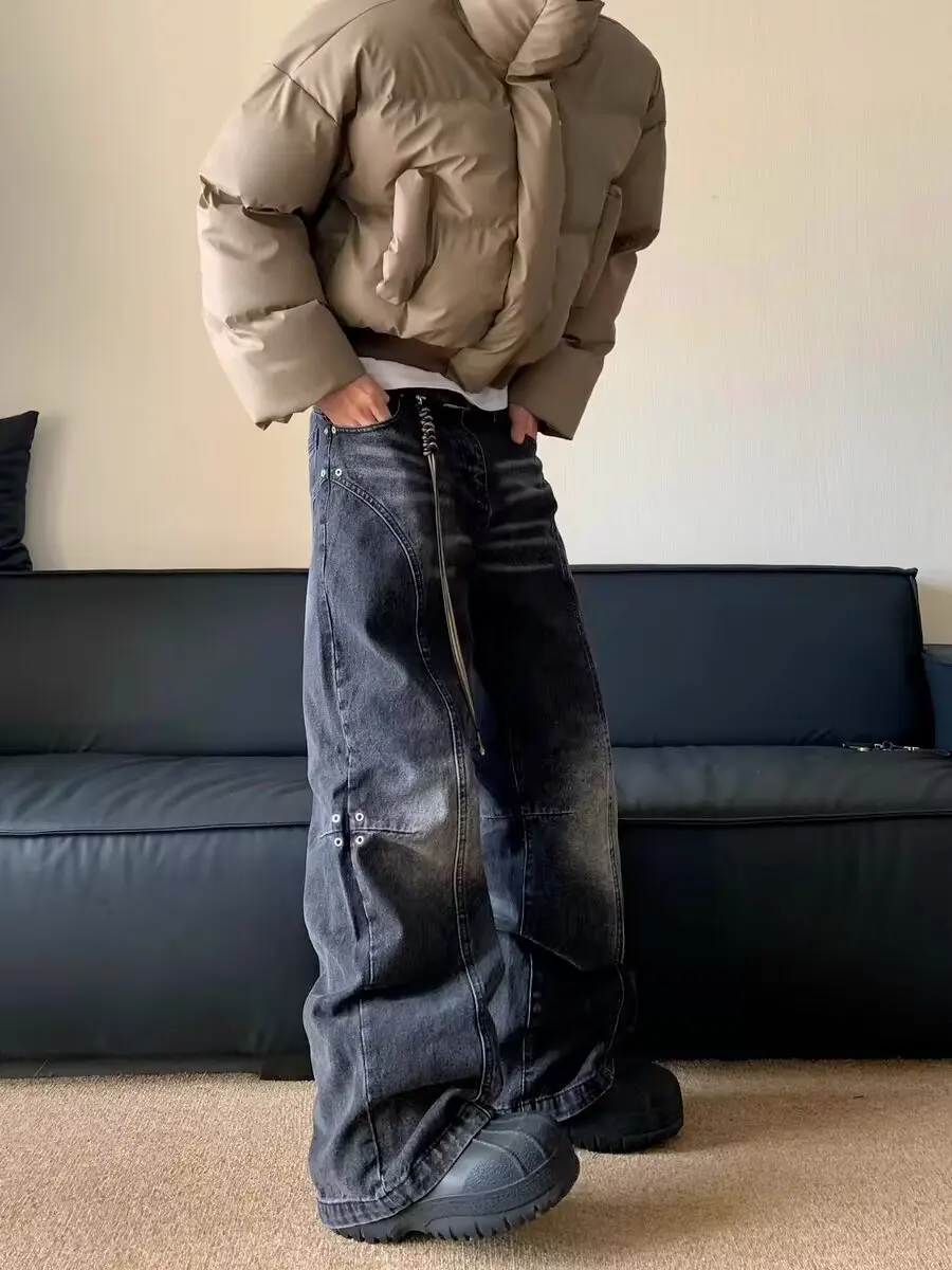 

Washed Gradient Rivet Black Cleanfit Men's Jeans Wide Leg Straight Loose Long Trousers Casual Breathable Jeans Youth Trend