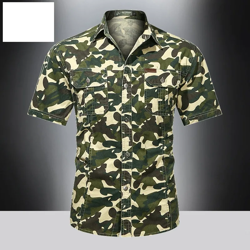 Men\'s Summer Turn-down Collar Button Geometric Print Camouflage Pockets Short Sleeve Cardigan Shirt Casual Office Lady Tops