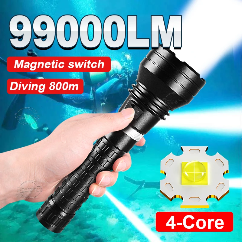 

99000 Lumens Super Bright Professional Diving Flashlight High Power LED Powerful Underwater Lantern IPX8 Fishing Light Torch