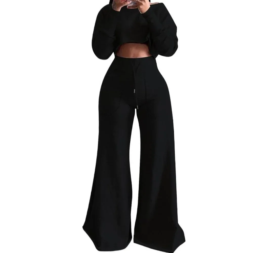 Women Sweatshirt Sets Two 2pcs Sale Long Sleeve Cropped Tshirt Tops&High Waist Full Flare Loose Pant Suits OULN-OL6111