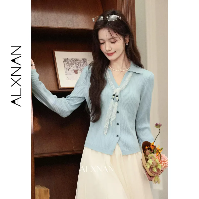 ALXNAN Fine Striped Women's Blue Pullovers Polo Lapel V-neck Split Hem Design Sweaters Slim-fit Elegant Female Clothing L67623