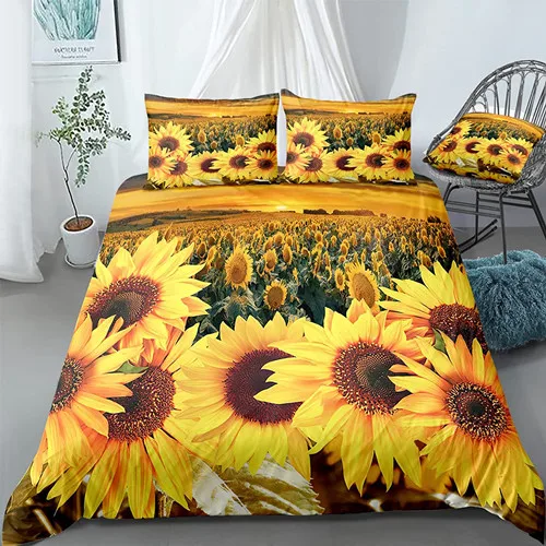 

Yellow Flower Duvet Cover Set Sunflower Bedclothes Sunflower Fields With Sunset Printed Botanical Flowers Polyester Bedding Set