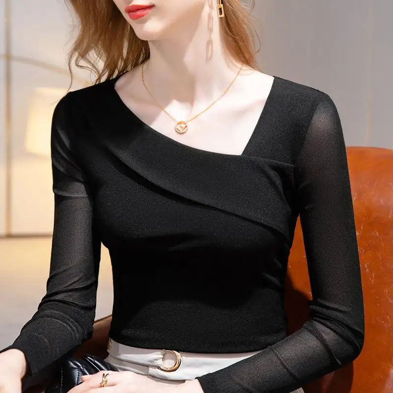 Elegant Gauze Spliced Folds Bright Silk Blouses Women\'s Clothing 2023 Autumn Winter Loose Office Lady Tops Solid Color Shirts