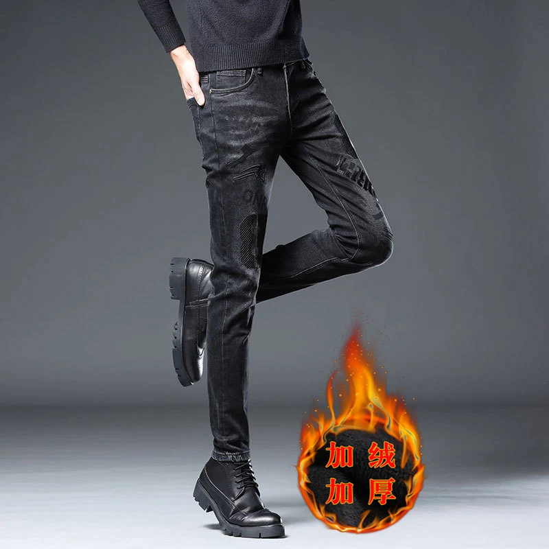 Korean high-end trend brand embroidery men's fleece lined jeans slim casual black new men's pants