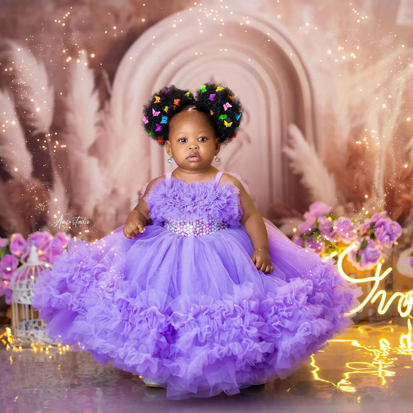 Vestidos de fiesta de cumpleaños para niñas con perlas de lavanda, vestidos personalizados con volantes y flores moradas para niñas, vestidos de baile para bebés y niños para sesión de fotos