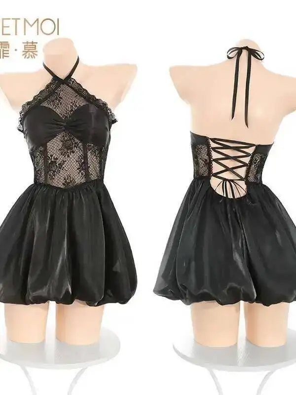 블랙 스윗 탱크 미니 드레스 걸 플러피 허리 묶음 드레스 섹시 레이스 메쉬 시스루 드레스 우아한 2025 패션 섹시 여성 탑 EXL8