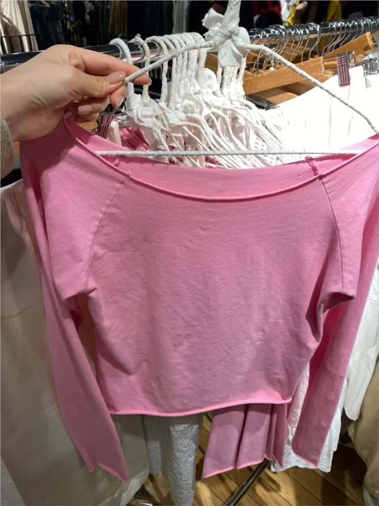 

Розово-розовые футболки с длинными рукавами и необработанным подолом, женские осенние новые повседневные хлопковые тонкие укороченные топы с круглым вырезом Femme Sweet Vintage, милые футболки