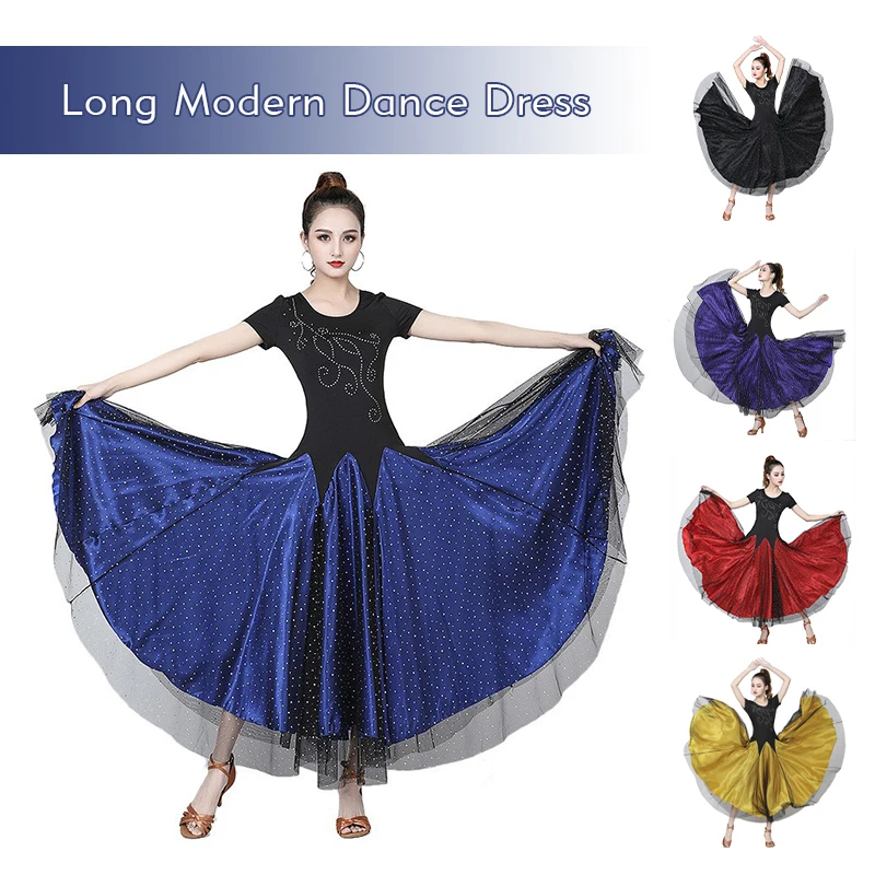 

Women Sequin Ballroom Dance Dress Double-deck Big Hem Performance Dance Wear Suit Modern Tango Waltz Costume Short Sleeves