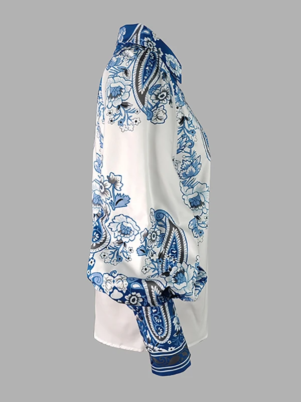 Modigirl 2025 New Women\'s Vintage Blouses Shirts Blue Floral Printed Lapel Summer Elegant Puff Sleeves Casual Office Shirts Tops