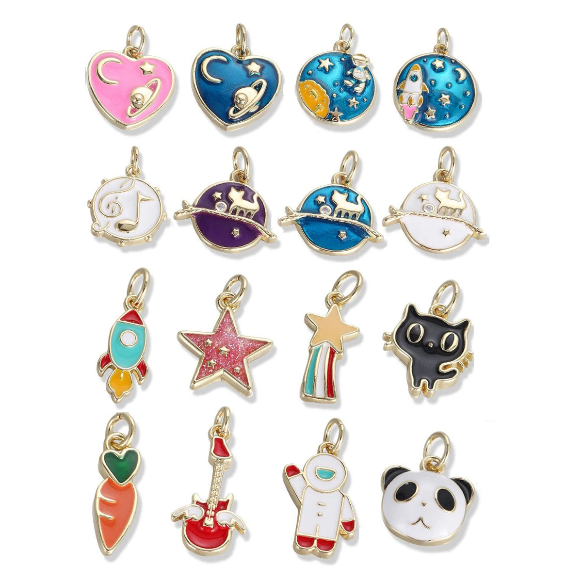 

2Pcs Brass Plated Color Enamel Pendant Diy Necklace Bracelet Making Heart Star Cat Rocket Rainbow Guitar Panda Charm Accessories